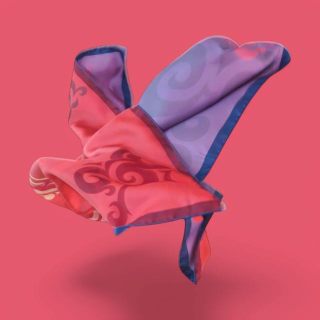 Croata scarf in red and blue tones on a red background, elegantly draped to highlight its luxurious texture and intricate design