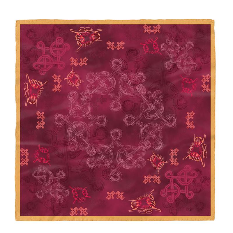 Scarf CROATA Brijuni Thematic  Braiding and glagolitic alphabet Wine red  Silk 100%  