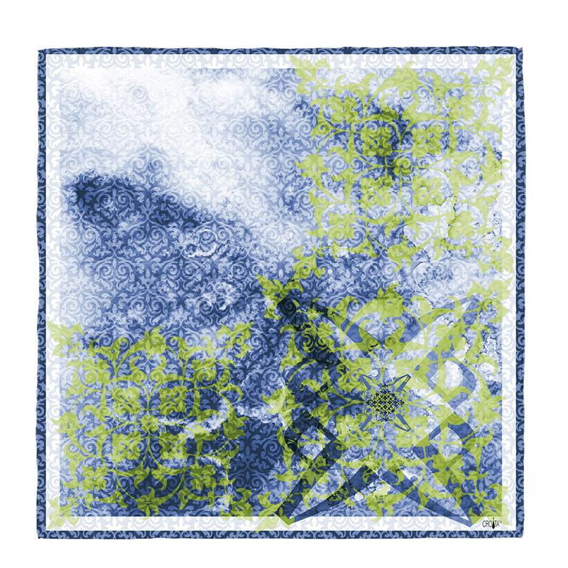 Scarf CROATA Dubrovnik Thematic  Glagolitic alphabet Blue  Wool 48%, Silk 35%, Cashmere 17%  