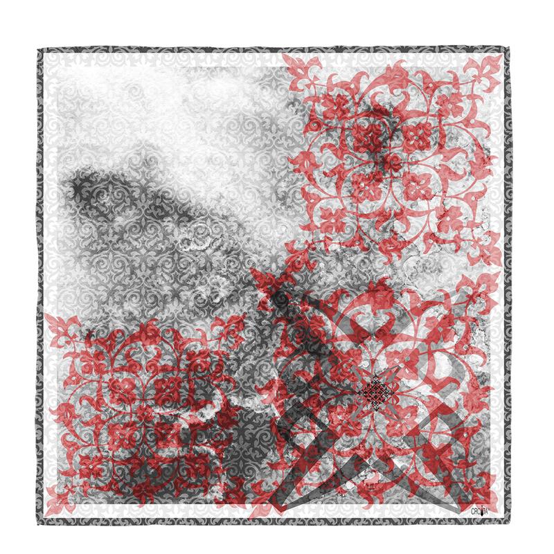 Scarf CROATA Dubrovnik Thematic Scarf, thematic Glagolitic alphabet Grey  Wool 48%, Silk 35%, Cashmere 17%  