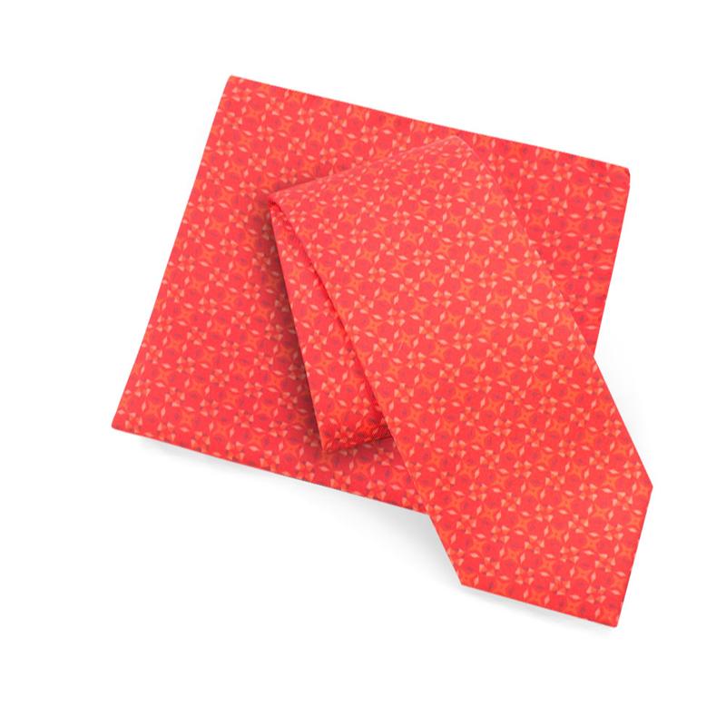Cravat and pocket square set CROATA 7 Classic Limited edition Geometrical Red  Silk 100%  