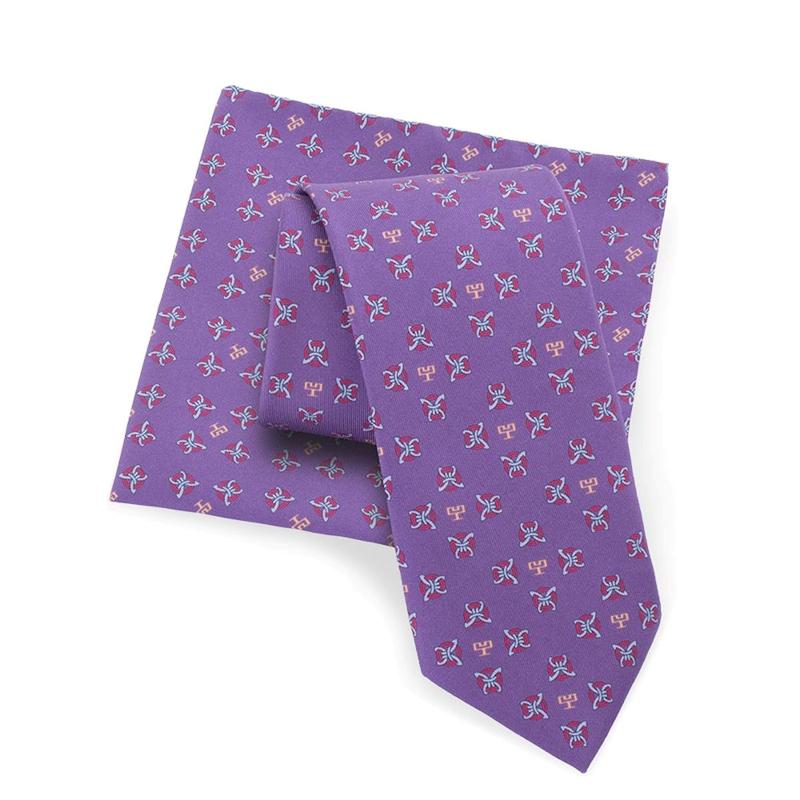Cravat and pocket square set CROATA 7 Thematic Limited edition Braiding and glagolitic alphabet Purple  Silk 100%  