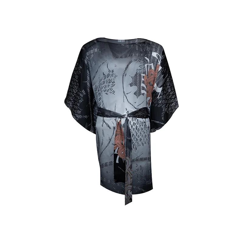 Kaftan CROATA Dubrovnik Thematic Semi-long Braiding and glagolitic alphabet Black  Silk 100%  