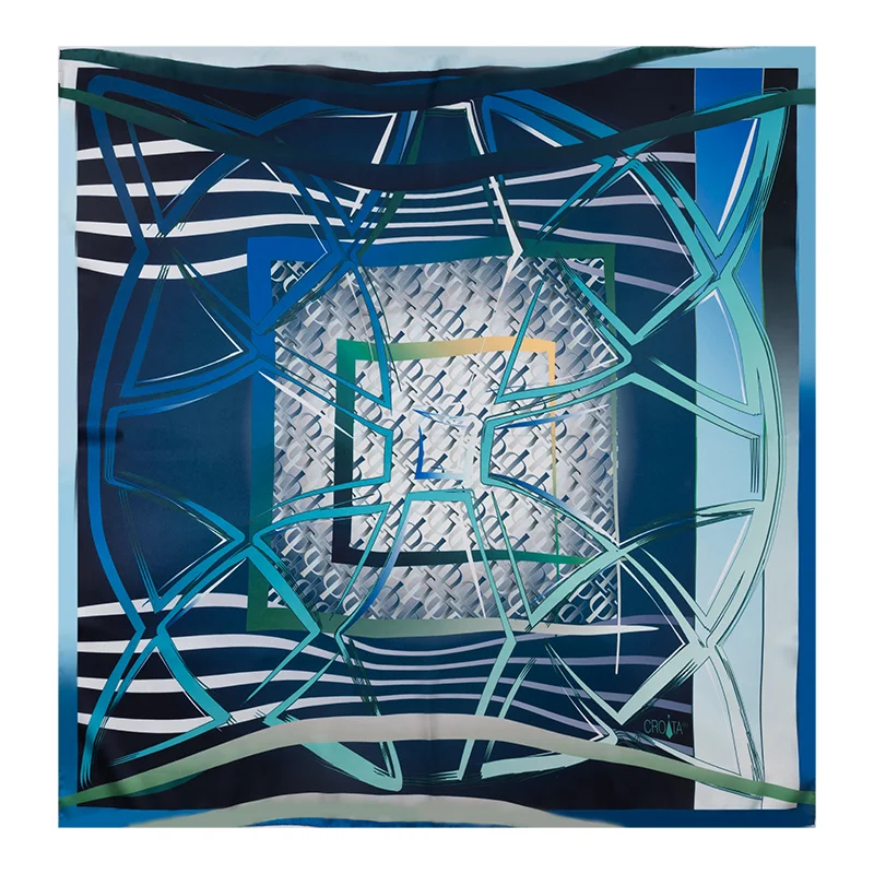Scarf CROATA Thematic  Braiding and glagolitic alphabet Blue  Silk 100%  