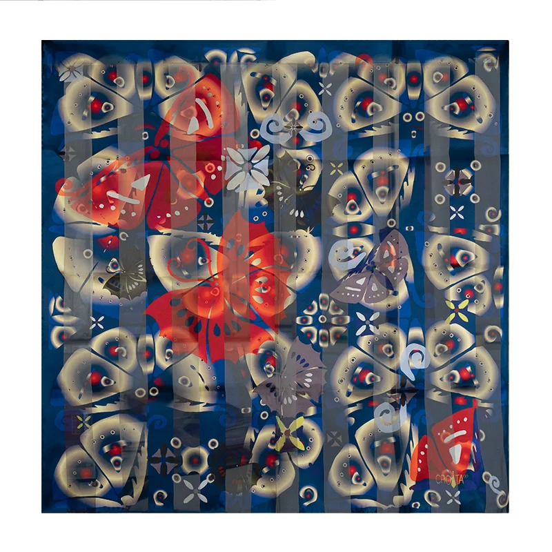 Scarf CROATA Classic Scarf, classic Flora and Fauna Blue  Silk 100%  