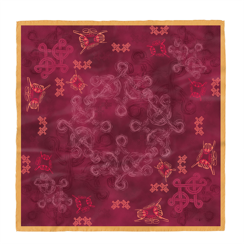 Scarf CROATA Brijuni Thematic Limited edition Braiding and glagolitic alphabet Wine red  Silk 100%  