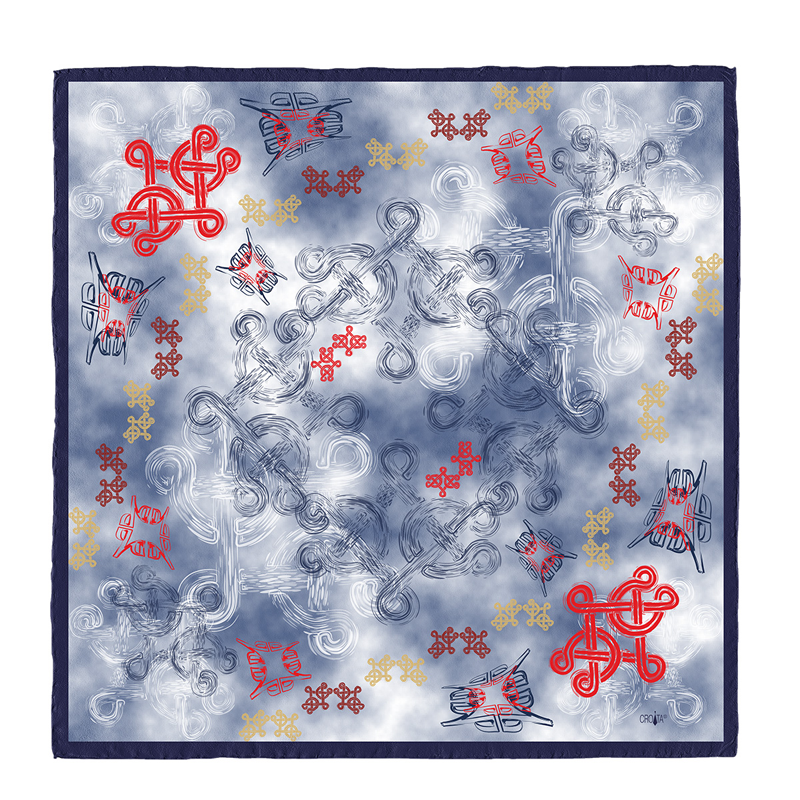 Scarf CROATA Brijuni Thematic Limited edition Braiding and glagolitic alphabet Dark blue  Silk 100%  