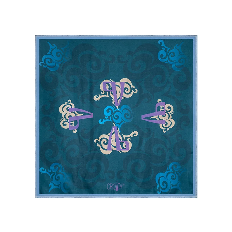 Scarf CROATA Brijuni   Glagolitic alphabet Petroleum  Silk 100%  