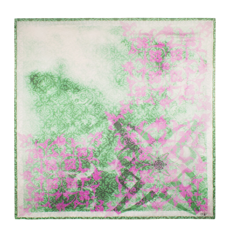 Scarf CROATA Dubrovnik Thematic Scarf, thematic Glagolitic alphabet Green  Wool 48%, Silk 35%, Cashmere 17%  