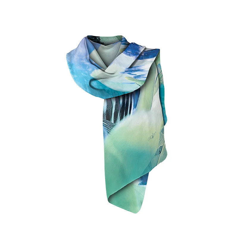 Shawl CROATA Brijuni Thematic  Flora and Fauna Light blue  Silk 100%  