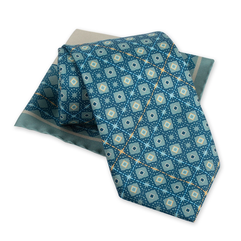 Cravat and pocket square set CROATA Thematic  Braiding Petroleum  Silk 100%  