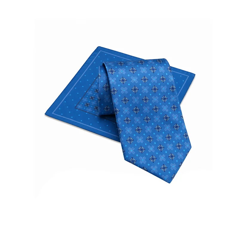 Cravat and pocket square set Thematic  Braiding and glagolitic alphabet Blue  Silk 100%  