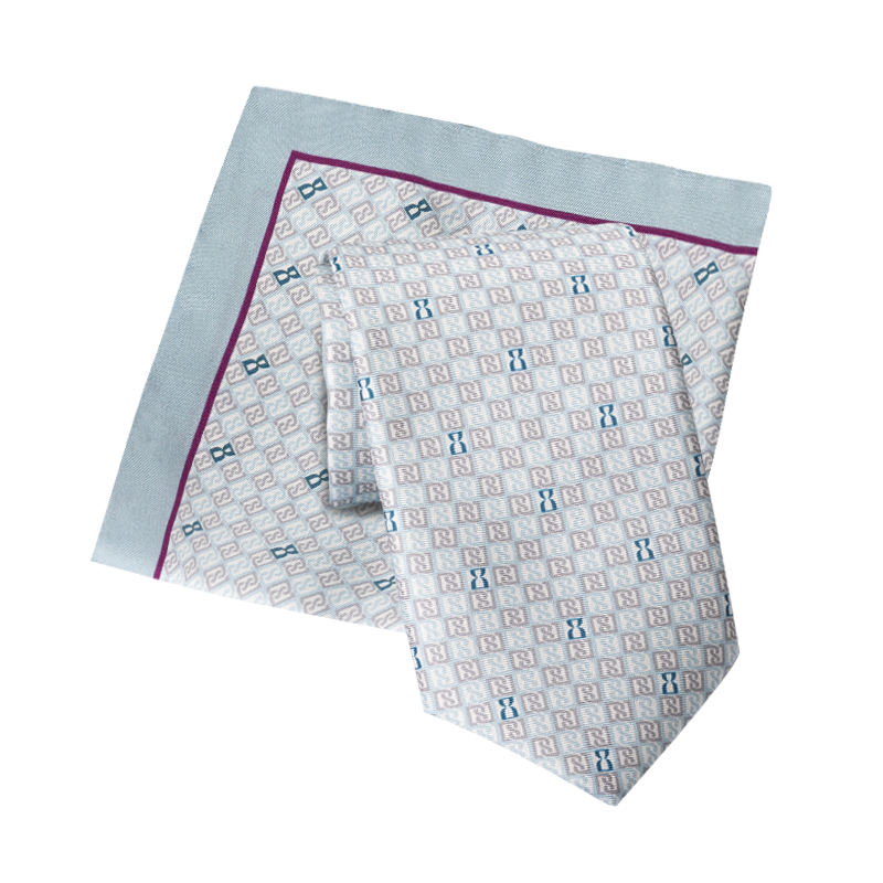 Cravat and pocket square set CROATA Thematic Set of 2 products Braiding and glagolitic alphabet Light blue  Silk 100%  
