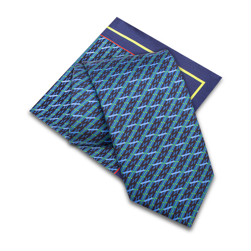 Cravat and pocket square set CROATA Classic  Lines Blue  Silk 100%  