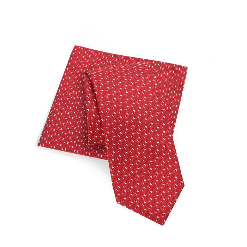 Cravat and pocket square set CROATA 7 Classic Limited edition Geometrical Red  Silk 100%  