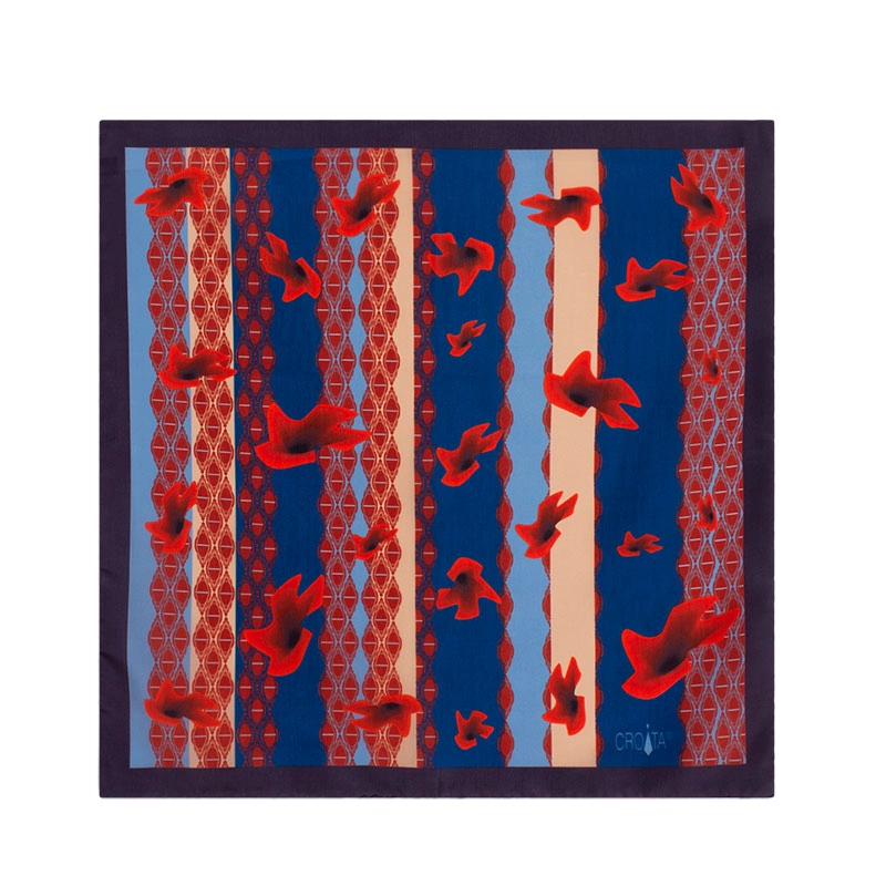 Small scarf CROATA Classic Scarf, classic Flora and Fauna Blue  Silk 100%  